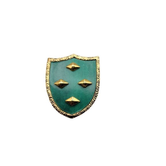 Knights Shield Brooch Pin Gold Tone & Green Vinyl Decorative Trim Vintage - Picture 3 of 8
